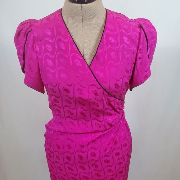 Vintage Silk Studio Women’s Wrap Dress Size 4 Silk Hot Pink Black Short Sleeve - Picture 4 of 12